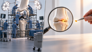 A complex knee operation is contrasted with a precise diagnosis and small targeted repair, illustrating the value of diagnosing the problem before choosing the intervention.