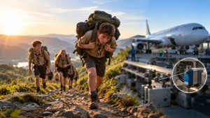 A group of Scouts hiking uphill, with one struggling under a heavy backpack, alongside an aircraft and industrial sensor representing how a single constraint can limit an entire system.