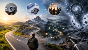 A conceptual journey from a simple system to complicated, complex and chaotic systems, illustrated by increasingly interconnected and turbulent landscapes.