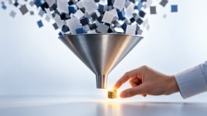 A large funnel narrows a mass of documents and data into a single small golden cube, symbolising how better diagnosis turns complexity into a precise intervention.