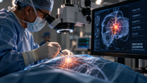 A surgeon uses advanced imaging and precision instruments to pinpoint a specific problem in a patient, illustrating Mindsheet’s high-precision approach to business diagnosis.