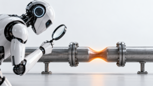 A robot uses a magnifying glass to inspect a glowing narrow point in an industrial pipeline, symbolising AI identifying the next bottleneck in a system.